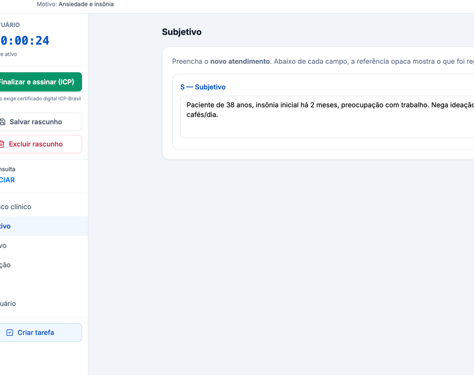 Atendimento no Clinke com o botão de finalizar e assinar com certificado ICP-Brasil