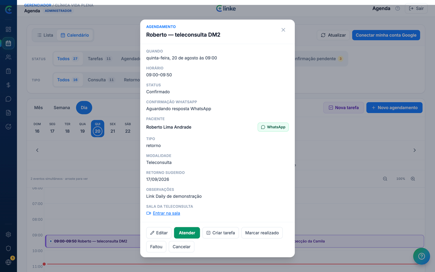 Consulta marcada como teleconsulta na agenda do Clinke, com o link da sala